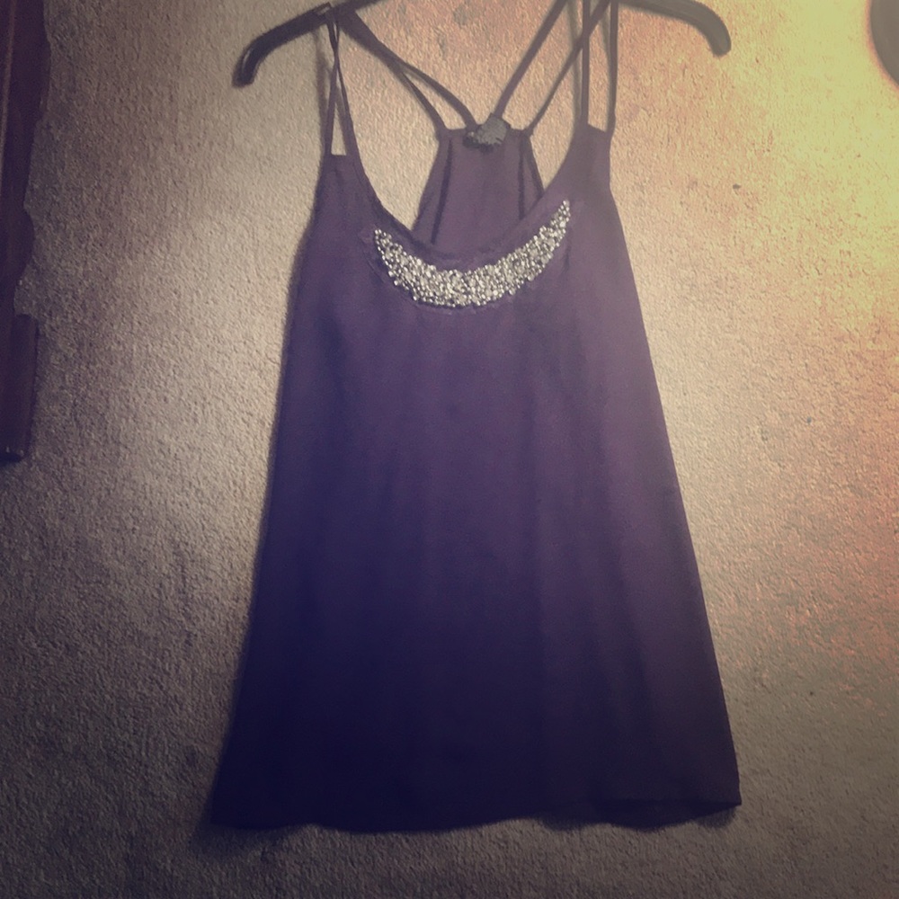 Purple spaghetti strap blouse rhinestone neckline